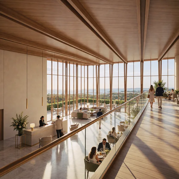Lobby do hotel com vista para o lago