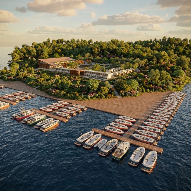 Render do complexo e da doca da Marina da Fazenda do Lago